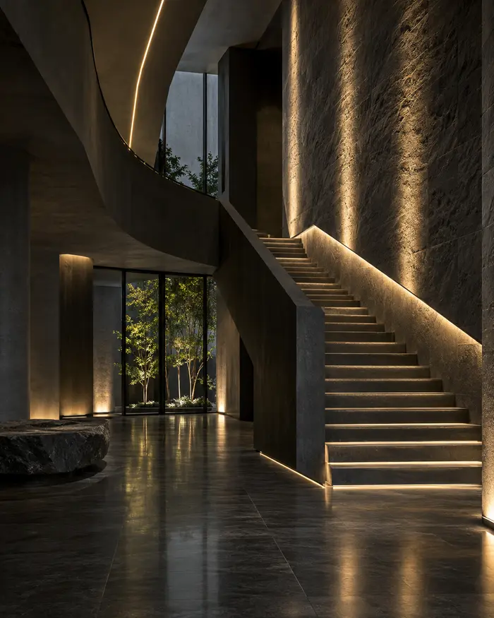 Escalier contemporain mis en valeur par un éclairage architectural